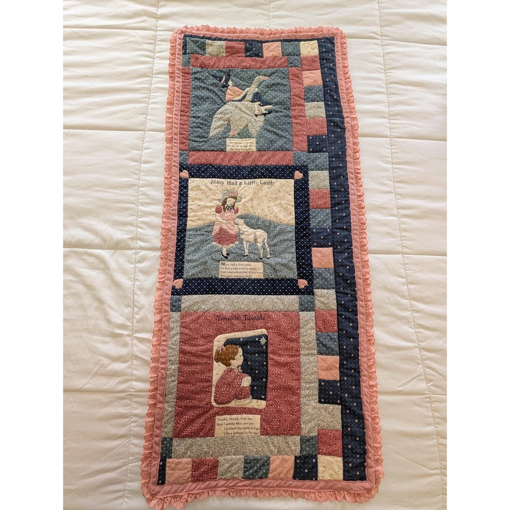 Vintage Handmade Nursery Rhyme Wall Hanging Quilt Mother Goose Mary Lamb Mauve